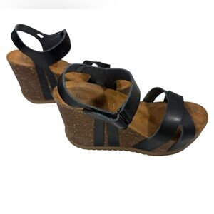 Bjorndal Kori 4” Wedge Black Crisscross Strappy Sandals Leather Cork Sole
